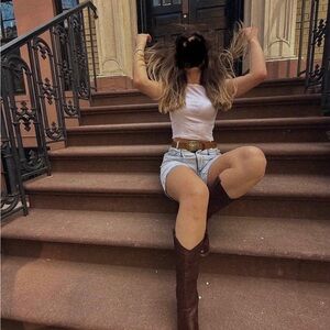 Frye Brown Perforated Leather Pull-On Tall Boots | Size 8B | Made in Mexico